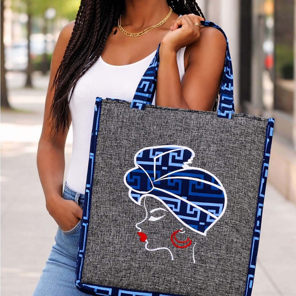 Elegant Gray and Blue Tote with Artistic Design